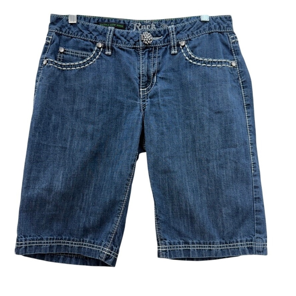 VTG Rock 47 Denim Jorts Juniors 3 Ultra Low Rise Y2K Contrast‎ Stitching Sparkle